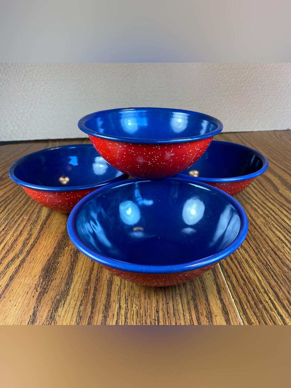 4 Enamelware Red white Blue Cereal Soup Bowls Granite
